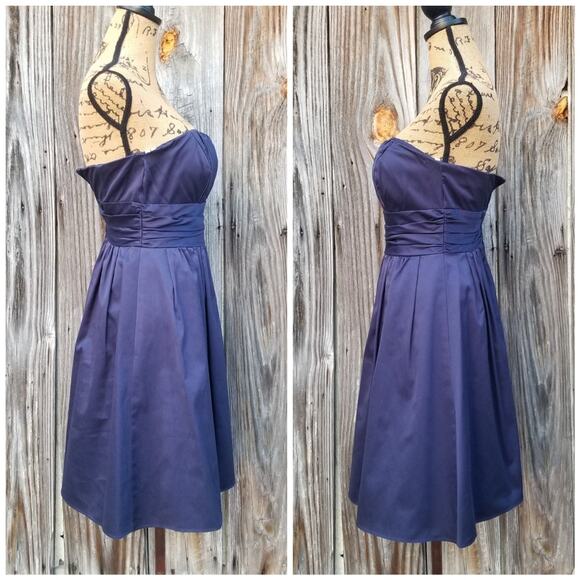 Fit Flare Cocktail Dress Davids Bridal Size 2 Navy Blue Pleated Strapless Prom - Picture 4 of 10